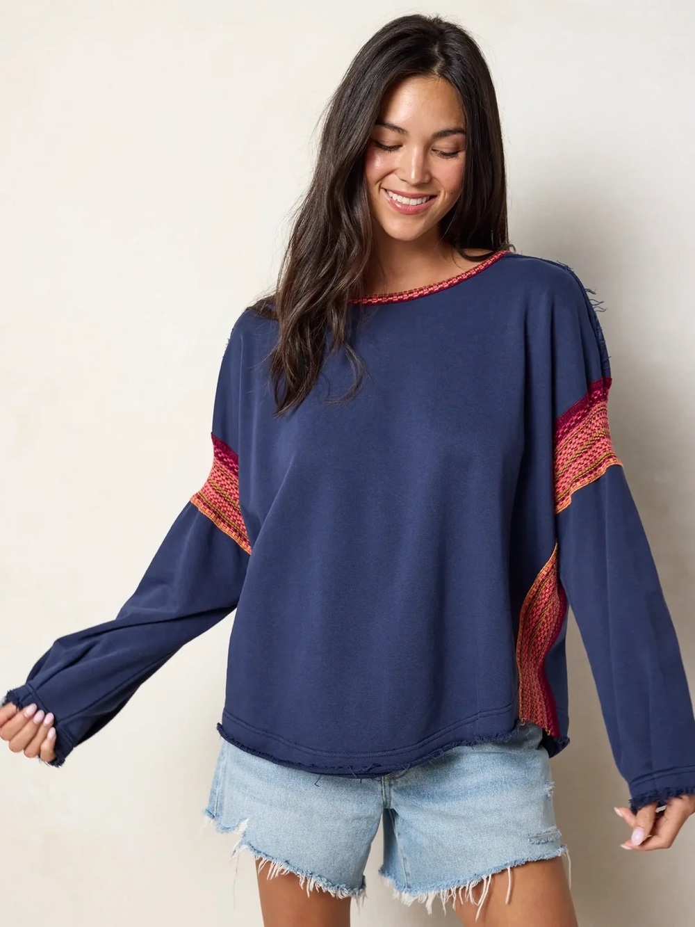 Natural Life Knit Trim Sweatshirt Navy Blue Colorful Crochet Contrast Crewneck